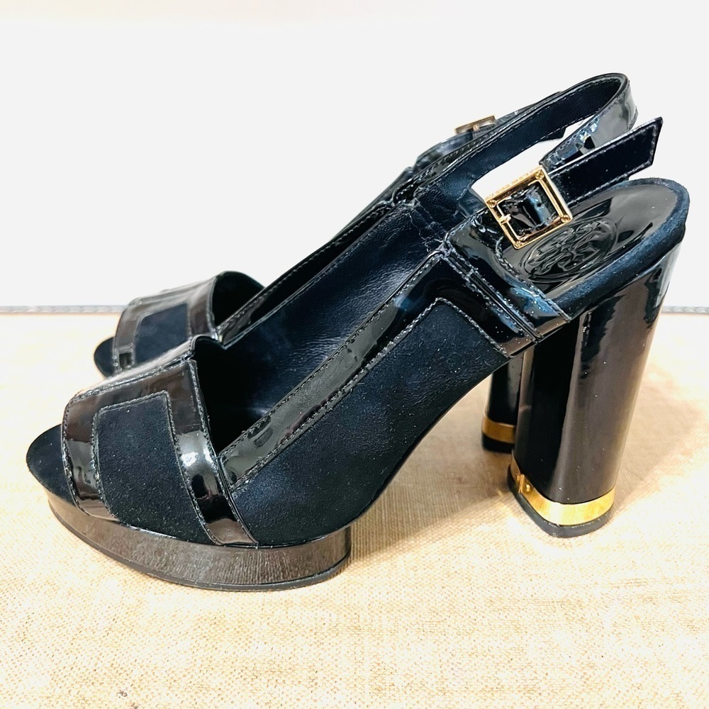 ❤️TORY Burch Black Suede Patent Leather Slingback "Gemma" Platforms Sz: 6.5M - Picture 8 of 9